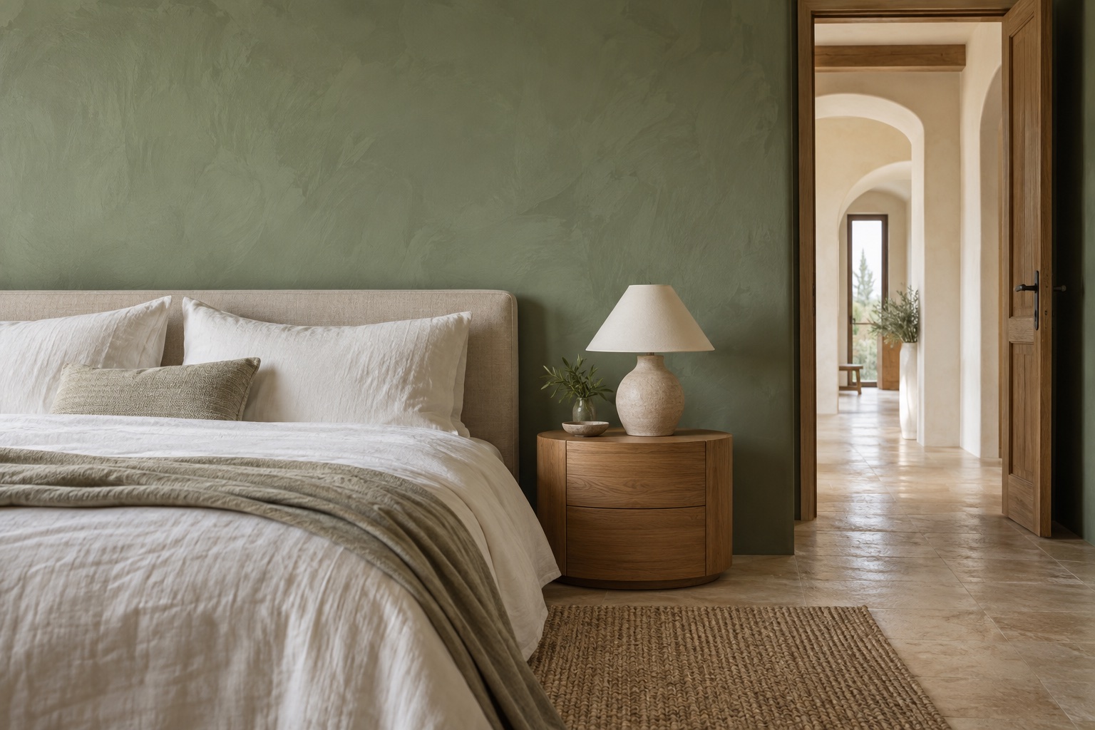 Dormitorio de inspiración con pared verde y acabados cuidados